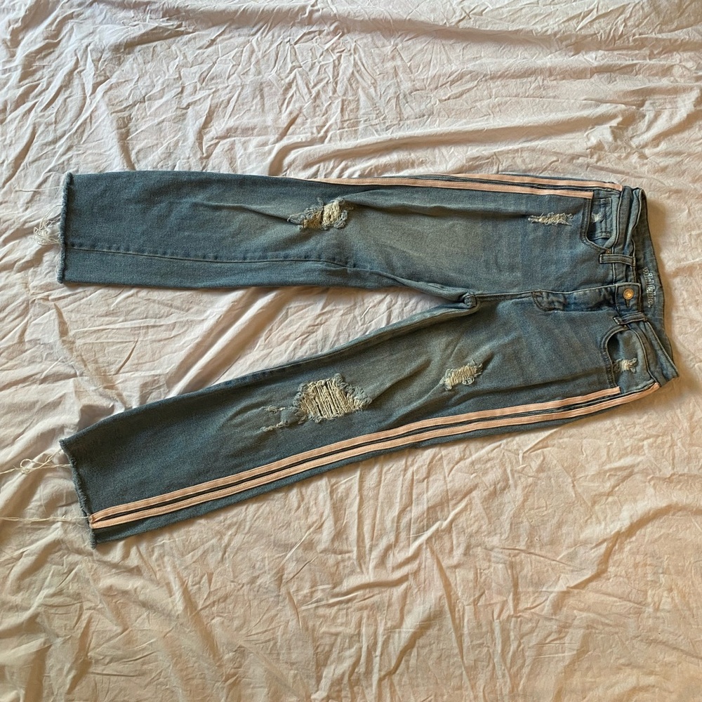 Distressed Jeans with Pink Side Stripes- 00